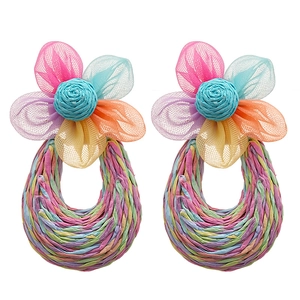 Handmade raffia flower U-shaped drop earrings with colorful woven lace for women