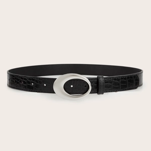 Women's Y2K black crocodile pattern leather belt with oval silver metal buckle