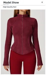Front view of burgundy fleece jacket showing slim fit cut and soft thermal texture