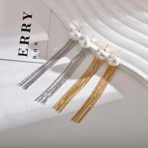 Elegant long fringe pearl earrings in gold and silver finish with cascading metal tassels