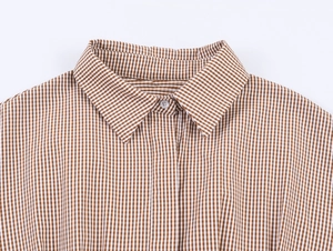 Detailaufnahme des karierten Hemdkragens mit braun-weißem Muster und weißem Knopfverschluss