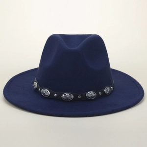 Dark blue felt fedora hat featuring a black band with engraved silver starburst studs