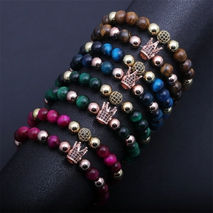 Luxury Tiger Eye Stone Crown Bead Bracelet Copper Micro Pave Black Zircon Trendy Fashion Charm Jewelry