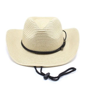 Detail of western straw sun hat with 9cm wide brim and brown faux leather band