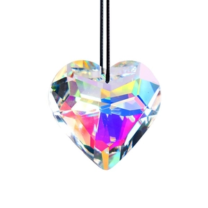 Detailed close-up of a heart-shaped crystal prism pendant with rainbow iridescent finish