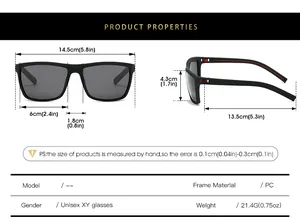 Detailed size guide for polarized sports sunglasses showing frame dimensions and specifications