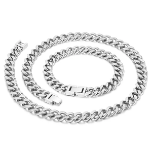 Silbernes Edelstahl-Set aus kubanischer Gliederkette und Armband mit Faltverschluss
