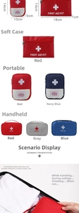 Detail showing various portable first aid kits in multiple sizes and oxford fabric colors