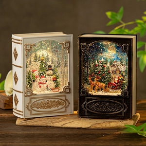 Christmas Snow Globe Lantern Music Box Retro Book Shape Plastic LED Light Rotating Glitter Festive Desktop Decor Gift
