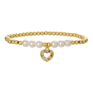 Elegant gold bead and pearl bracelet featuring a colorful zircon heart-shaped pendant