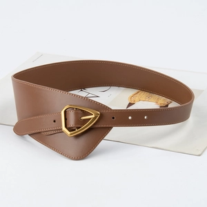 Elegant wide brown leather waist belt featuring a distinctive gold triangle buckle closure