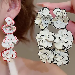 Camellia Flower Drop Earrings With 925 Sterling Silver Earring Post Alloy Layered Dangle Sweet French Retro For Women