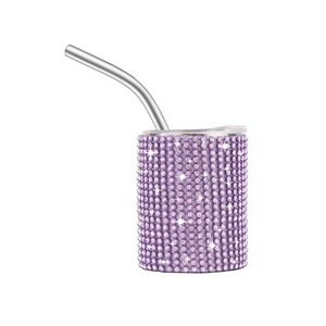 Bicchiere da 3oz con strass viola, cannuccia e coperchio, finitura sottovuoto lucida