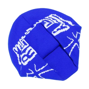 Detailed view of the Klein blue knit beanie featuring white Hellstar jacquard lettering