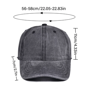 Classic dark grey washed cotton baseball cap showing sizing guide and dimensions