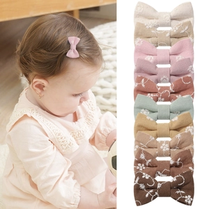 Handmade Bow Hair Clips Cotton Linen Floral Embroidery Fabric Covered Alligator Clips For Toddler Girls Kids Accessories