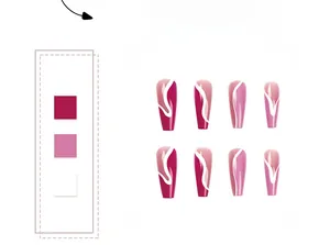 Detail of long ballerina nails in rose red and pink with white line art design