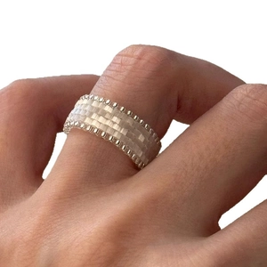 Handmade woven seed bead ring in minimalist cream and gold pattern for women