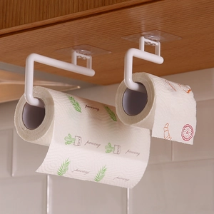 White punch-free kitchen paper towel holder mounted under cabinet with two rolls