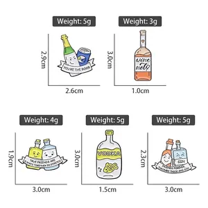 Cartoon drink enamel pins with cute vodka and wine bottle designs for backpack decor