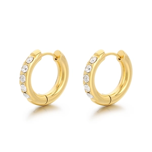 U-shaped gold stainless steel huggie earrings with sparkling crystals for women