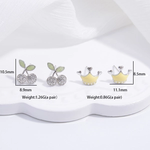 S925 sterling silver cherry and crown stud earrings set with rhinestones and enamel