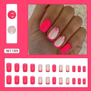 Pink gradient glitter press-on nails in medium square shape with glossy french tips