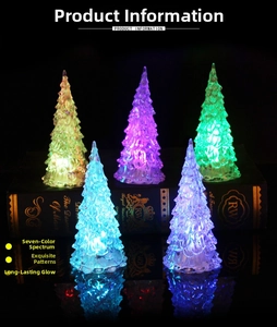 Macro shot of five colorful glowing crystal Christmas tree night lights on a book