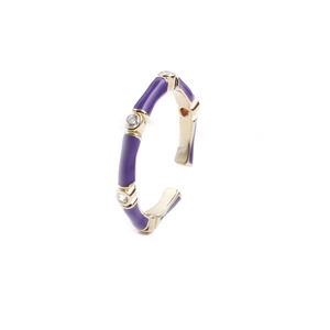 Adjustable golden bamboo style open ring with purple enamel and sparkling crystals