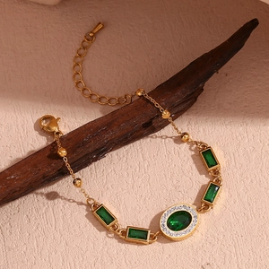 Vintage Emerald Green Zircon Bracelet 18K Gold Plated Stainless Steel Adjustable Jewelry For Women Luxury Retro Style