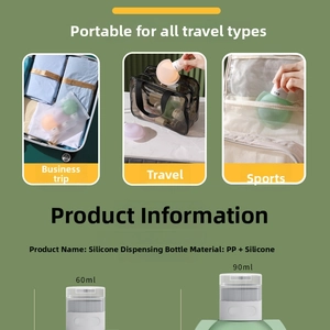 Silicone travel bottles in 60ml and 90ml sizes shown inside suitcases and cosmetic bags