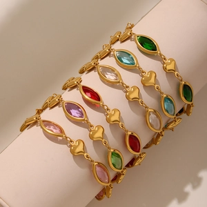 Faceted heart glass bracelet in 18K gold stainless steel with multi-color marquise gems