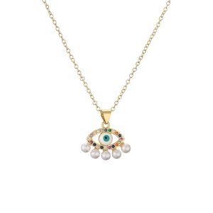 Gold evil eye pendant necklace with colorful zircons and hanging white pearls