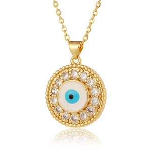 Golden Evil Eye necklace with micro-p镶嵌ed zircons and blue enamel charm on cross chain
