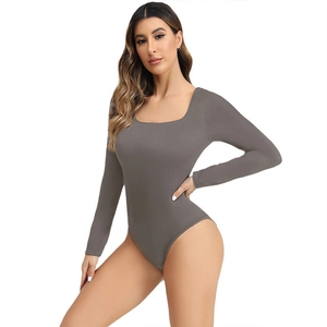 Seamless square neck long sleeve bodysuit in grey ribbed stretch fabric for fitness