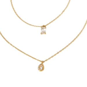 Double-layered gold stainless steel necklace with sparkling rectangular and teardrop pendants