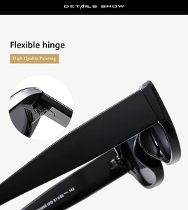 Close-up of high-quality flexible hinge and painting on narrow black sunglasses