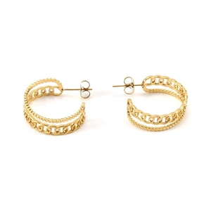 Detail of gold geometric earrings featuring double-layered chain and twisted rope textures