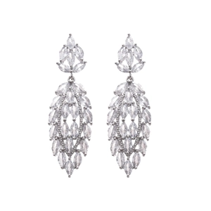 Sparkling silver needle flower tassel earrings with marquise-cut cubic zirconia on white background
