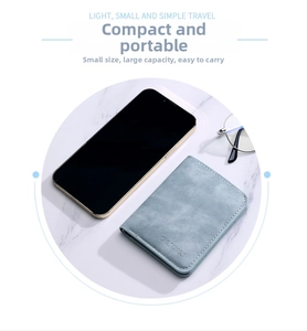 Slim light blue leather card holder and mini wallet shown next to a smartphone