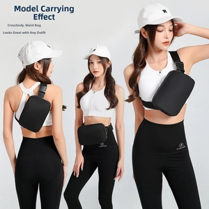Three-way display of black nylon belt bag worn as crossbody, chest pack and waist bag