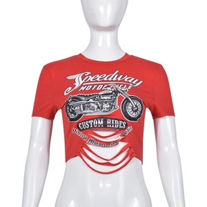 Detail of red cropped tee with vintage motorcycle graphics and hollow-out distressed hem