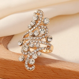 Elegant gold brass ring featuring intricate rhinestone swirls and vine patterns