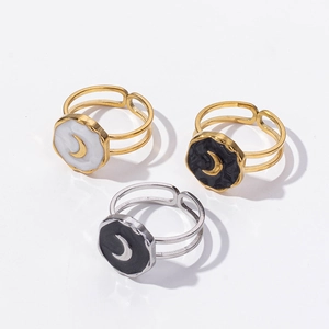 Three minimalist crescent moon open rings in gold and silver finish with enamel inlay