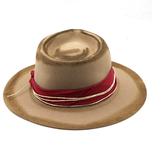 Vintage flat brim wool jazz hat in camel with decorative red band and rope accent