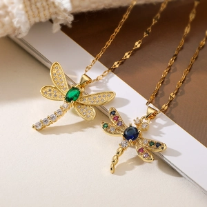 Dragonfly Pendant Necklace Gold Plated Copper Colorful Zircon Animal Shape Lightweight Luxury Clavicle Chain Women Jewelry