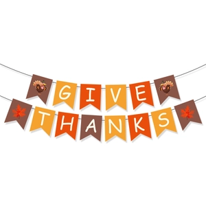 Thanksgiving Banner Paper Give Thanks Lettering Cartoon Turkey Maple Leaf Fall Autumn Party Decoration Hanging Backdrop