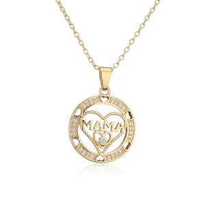 Elegant 18K gold plated necklace featuring a round MAMA pendant with zircons on white backdrop