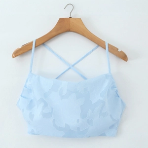 Light blue backless mesh lace camisole top with crisscross straps and floral texture