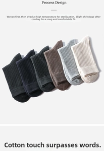 Detail view of six pairs of ribbed cotton socks in assorted neutral colors for men